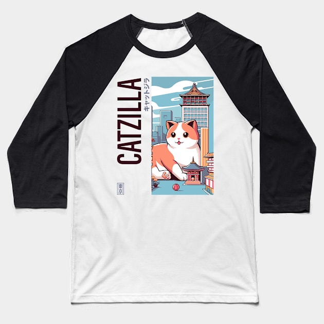 Catzilla Japanese Funny Cat Kawaii Parody Vintage Catzilla Baseball T-Shirt by rhazi mode plagget